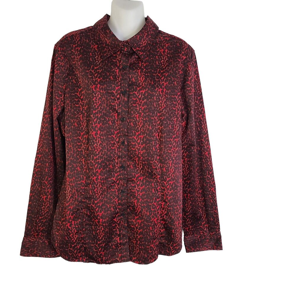 Talbots Stretch Womens Blouse Size 16 Red Black Cheetah Print Long Sleeve Button